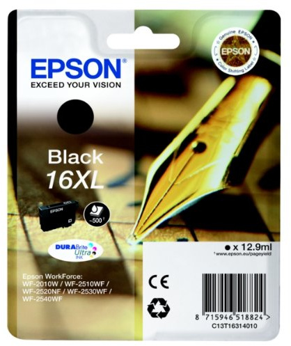 Epson C13T16314010 16XL Tintenpatrone schwarz XL, 500 Seiten, Inhalt 12,9 ml für Workforce WF 2010 W 2510 WF 2520 NF 2530 WF 2540 WF Workforce WF 2010 W 2510 WF 2520 NF 2530 WF 2540 WF
