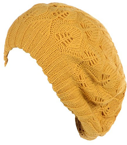 BYOS Damen Baskenmütze, mittelschwer, lässig, mit Blättern, Cutout, gehäkelt, weich, gestrickt, Senfgelb mit Blättern, Einheitsgröße