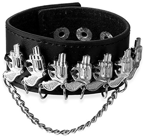 JewelryWe Herren Breites Lederarmband Pistole: Gotik Punk Rock Leder Armband Biker Armreif Manschette mit Pistole Gewehr Waffee Kette Druckhnopf Verstellbare Größe Schwarz Silber