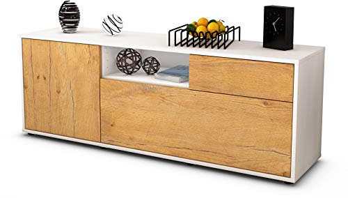 Stil.Zeit TV Schrank Lowboard Amila, Korpus Weiss matt, Front Holz Design Eiche (135x49x35cm), Push to Open Technik & Leichtlaufschienen