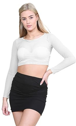 janisramone® Women s Sheer Mesh Crop Top, Crew Neck See Through Long Sleeve Crop Tops for Women, Ideal Summer and Party Top White
