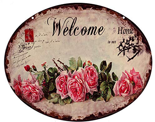 Blechschild Welcome Home Rosen 20 x 25 cm Deko Schild mit Aufdruck Aufschrift