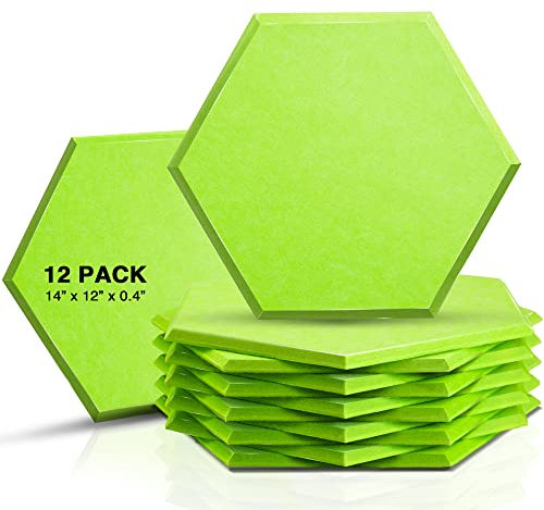 Sonic Acoustics 12 Pack Hexagon Acoustic Panels, 14 X 12 X 0.4 High Density Sound Absorbing Panels Sound Proof Insulation Beveled Edge Studio Treatment Tiles-Green