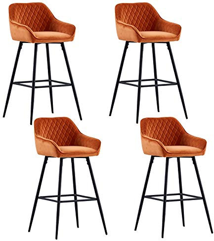JaHECOME Lot de 4 Tabourets de Bar Oranges avec Dossier et Accoudoir Rembourrés, Chaises de Bar en Velours avec Repose-Pieds en Métal pour Bistrots; Salle à Manger, Soirée