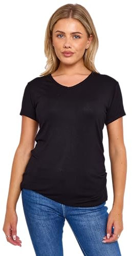 Womens V Neck Tee Shirt Short Sleeve Basic Top Plain Jersey T-Shirts Ladies Slim Fit Casual Wear Tee Tops Blouse Black 12-14
