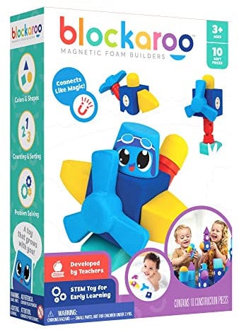 Blockaroo Magnetische Bauklötze als Lernspiel für Kinder, pädagogisches Wasserspielzeug Set für kreative Konstruktionen, Flugzeugbox mit 10 Bausteinen…