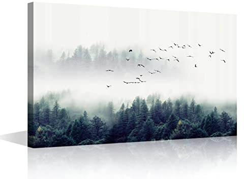 Leinwandbild für Wohnzimmer, nebelige Wälder, immergrüne Nadelbäume und Vogelflocken, Landschaftsdruck, auf Holzrahmen, fertig zum Aufhängen, 61 x 40,6 cm