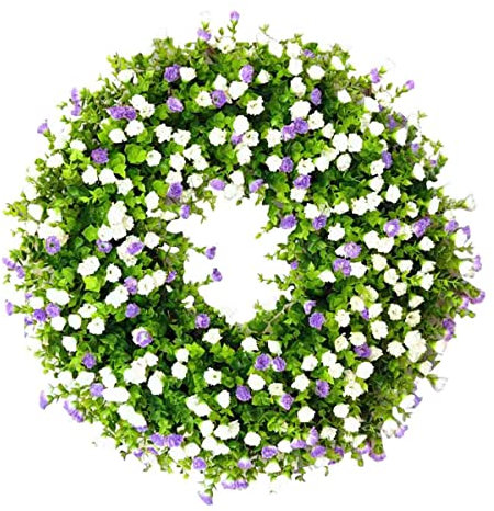 Bauernhaus Bunte Häuschen Kranz,Türkranz Kranz Deko für Frühling Sommer Ganzjährig,dauerhafte und stabile künstliche Blumen Türkranz,Kunstpflanze Girlande,Kranz Willkommenszeichen (40cm, Weiß)