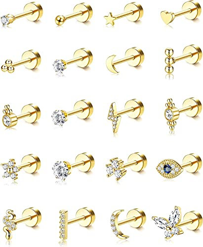 ADRAMATA 20 Stück Edelstahl Ohrstecker Für Frauen Männer, 20G Winzige Knorpelohrringe Ohrstecker, Einzelner Schlange Schmetterling Herz kleine Knorpel Tragus Ohrringe,G