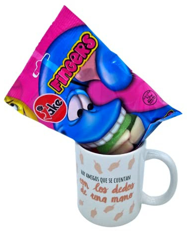 LIBERGRAFIC Taza Cerámica Original con Frase 'Dedos', 300 ml, Cómico, Apto para Microondas y Lavavajillas, Incluye Bolsa de Chuches, Regalo Ideal para Cumpleaños