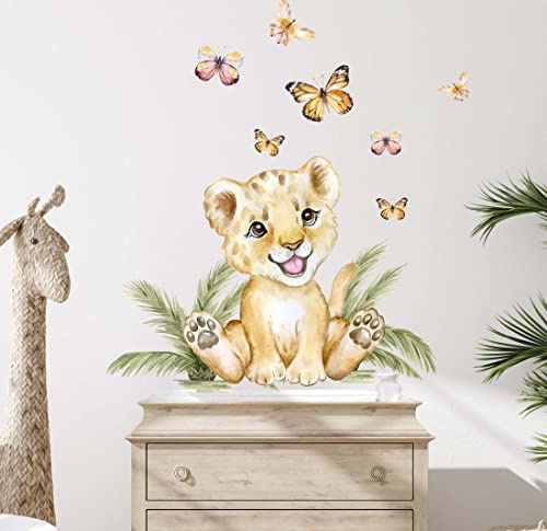 WANDKIND Löwe & Schmetterlinge V357 Wandtattoo Kinderzimmer | handgezeichnet | AUFKLEBER Kindergarten | Wandsticker Babyzimmer Leo mit Sterne Löwen Schmetterling Safari (40 x 40 cm)