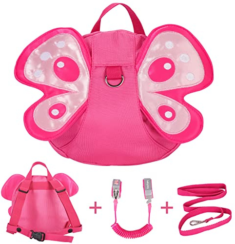 Baby Walking Harness Backpack with 2M Wrist Reins, Cartoon Anti-Lost Leash Backpack with Child Safety Wristband, Mini Safety Backpacks for 1-3 Years Toddler Little Kids Boys Girls, Pink Butterfly