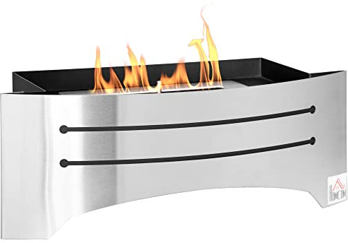 HOMCOM Camino Bioetanolo da Tavolo in Acciaio Inox, 3h di Combustione con Serbatoio da 1.5L e Copertura 25m², 45x18x17 cm, Argento
