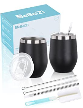 BeBeiZi 2 Stück Weinbecher Edelstahl, 350ml Stemless Weinbecher Mit Deckel Und Strohhalm, Vakuumisolierte Reisekaffeetasse für Cocktails, Coffee, Hochzeitsgeschenk, Geburtstag Frauen, DIY