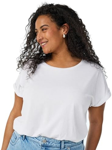 Zizzi Damen T-Shirt aus Baumwollmix - Plus Size Damen mit Rundhals, Kurzarm mit Umschlag und Relaxed Fit, Basic Oberteil für Alltag, Büro und Freizeit