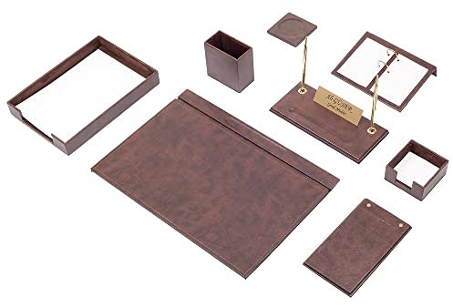 MOOGCO Ensemble de bureau en cuir marron – Sous-main – Porte-papier – Porte-stylo – Sous-verre en cuir – Accessoires de bureau – Accessoires de bureau – Rangement de bureau, marron (10PCS-SINGLETRAY)