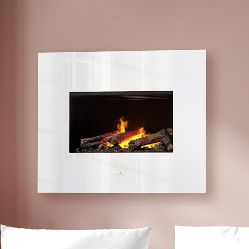 Noble Flame Apollo - Opti-Myst Elektrokamin Wand-Kamin – Weiß hochglanz - Heizung Fernbedienung Dekoholz – Rückwand Schwarz spiegelnd