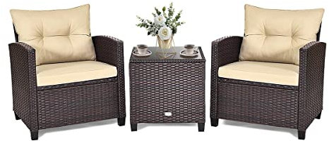 KOMFOTTEU 3tlg. Balkonmöbel Set Rattan, Gartensitzgruppe mit Couchtisch & 2 Stühle, Balkontisch mit Glasplatte, Gartenlounge Set mit Kissen, Gartenmöbel Set für Terrasse Balkon (Braun)