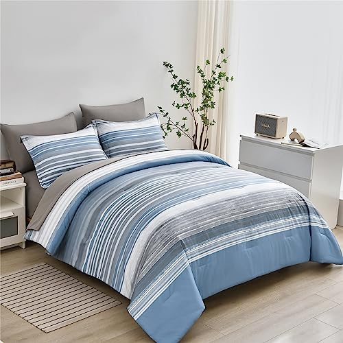 KAKIJUMN 7-teiliges Bett-in-Beutel-Bettwäsche-Set, gestreift, Queen-Size-Bett, weiß, grau, blau, Patchwork, gestreift, für alle Jahreszeiten, weiche Mikrofaser, komplettes Bettwäsche-Set (Hellblau,