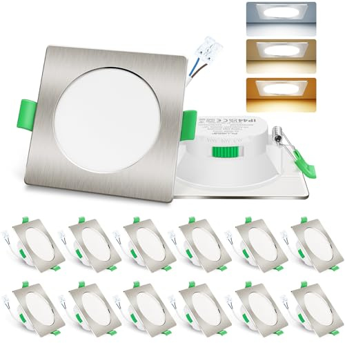 ALUSSO LED Einbaustrahler 230V 7W 3CCT Dimmbar 68mm Quadrat Nickel 12er Set | 3000K/4000K/6500K Verstellbar Einbauspots, Ultra Flach IP44 Einbauleuchten Für Zimmer, Badezimmer, Küche, Büro, Dachvorsprung