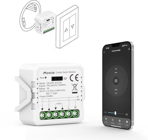 Maxcio Interruptor Persianas WiFi Módulo, Relé de Persiana WiFi con Función de Porcentaje, Temporizador, Control por App y Voz, Interruptor Persiana Compatible con Alexa/Google Home, 1 Pack