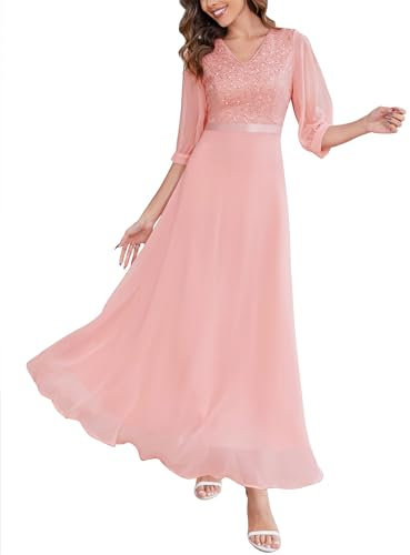 Wedtrend Abendkleider für Damen Abschlusskleid Abendkleid Lang mit Halber Ärmeln Blush Kleid Spitzen Maxi Kleid Damen mit Pailletten WT0317 Blush M