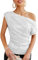 GRACE KARIN Damen Glitter Party Oberteil Elegant Schrägkragen Pailletten Shirt Cocktail Bluse, Farbe: Silber Weiß, Größe: L