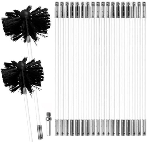 MOCNT Kit di Pennello per Pulizia del Camino Spazzole per Camini Nylon Rotante Flessibile Spazzola Pulizia Camino con 20 Aste 1 Testa Pennello 150mm 1 Testa Pennello 100mm