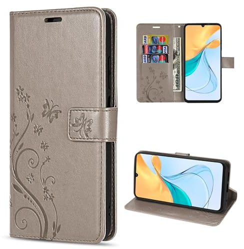 betterfon Hülle Kompatibel mit ZTE Blade V50 Vita | Premium PU Leder Handyhülle Wallet Case für Blade V50 Vita | Schutzhülle Blumen Klapphülle Handyhülle | Grau