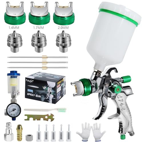 Potufa HVLP Pistola a spruzzo con 4 ugelli – 1,4 mm & 1,7 mm & 2,0 mm & 2,5 mm, pistola professionale per verniciatura ad aria compressa con bicchiere di plastica da 600 ml (verde)