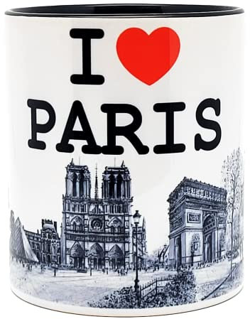 DESSAPT Arts - J'aime Paris/I LOVE PARIS et ses Monuments Emblématiques - Mug Céramique 325 ml - Paroi Intérieure et Anse en Noire