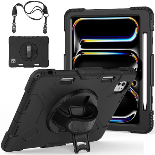 LOXO CASE Hülle für iPad Pro 11 Zoll 2024 (M4 5. Generation), Militärqualität Handy Stoßfeste Hülle mit 360 Drehbare Ständer & Handgurt & Schultergurt, Stifthalter,Black