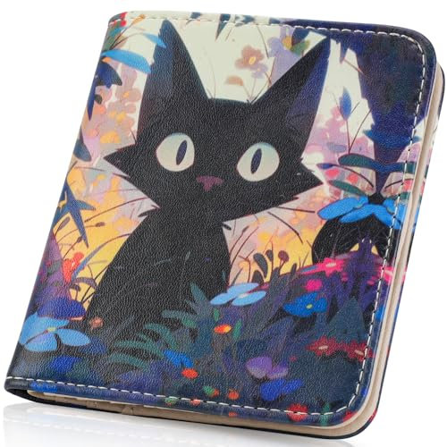 APHISON Portafoglio da donna con blocco RFID in pelle con cerniera portafoglio sottile compatto bi-fold portafoglio per donna tasca portamonete piccola borsa da donna con finestra ID, A7 - gatto nero,