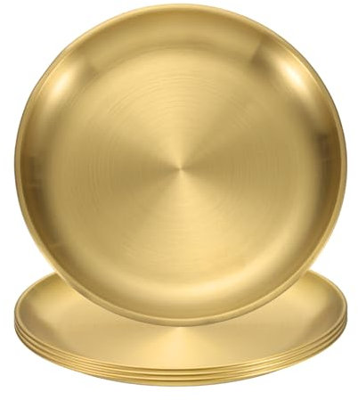 sourcing map 4Pcs Stainless Steel Dinner Plates, 7.9 Round Serving Plate Dishes Set Flat Metal Dinner Dishes Plate for Restaurants Kitchen Dessert Salad Food Outdoor Camping, Gold