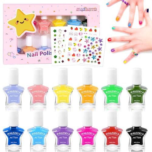 wakaniya Kids Nail Polish Set for Girls, Non Toxic Low Odor Water Base Nail Polish with Stickers, 12 Rainbow Colors Quick Drying Peel off Nail Varnish Kit for Kids Toddlers 3+