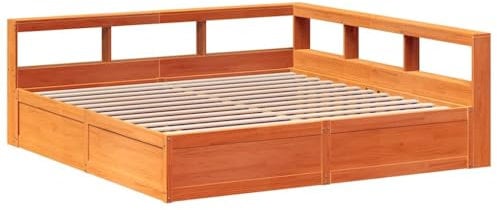 vidaXL Massivholzbett mit Regal ohne Matratze Wachsbraun 180x200 cm, Holzbett mit Regal, Massivholzbett mit Regal, Bett, Holzbett mit Bücherregal