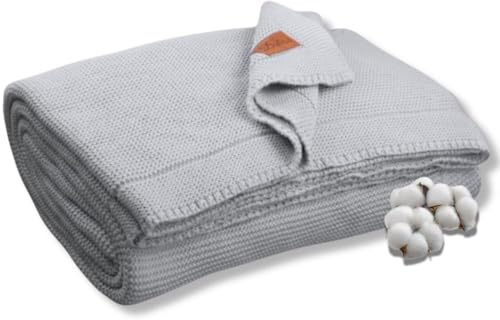 Dalisa GOTS-Zertifizierte Bio-Baumwolle Strickdecke – Weich & Gemütlich, Vorgewaschen – Perfekt für Couch, Bett & Deko – Waschmaschinengeeignet (Nebelblau, 203x228 cm)
