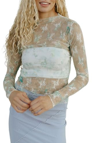 SANSIWU Women's Y2k Embroidery Floral Lace Tops Long Sleeve Mock Neck Pullover Blouses Sexy Skim Fit See Through Sheer Mesh Shirts