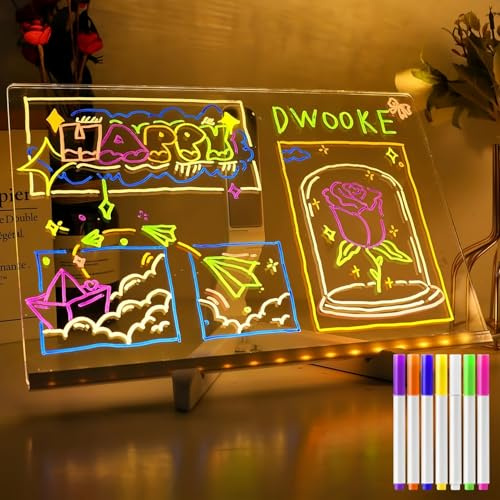 LED Light Up Message Board, 30x20cm Illuminated Acrylic Memo Board with 7 Colour Pens, Reusable Glowing Writing Tablet for Home Office Party Decor, Neon Effect Light Board for Notes & Doodles