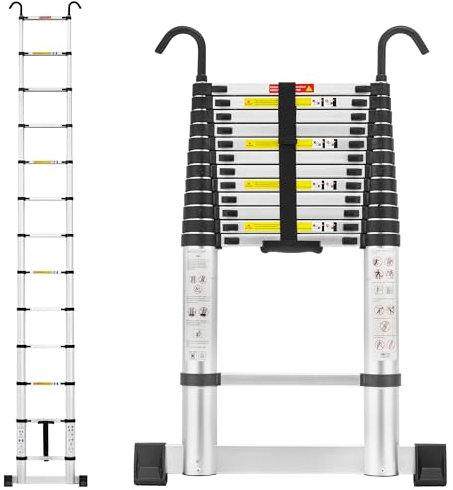 TEENO 3,8 m Scala Telescopica in Alluminio, Scala Alluminio con Barra Stabilizzatrice e Ganci Staccabili, Scaletta Pieghevole Portatile Adatto per Riparazioni Domestiche, Carico 150 KG (CE EN131)