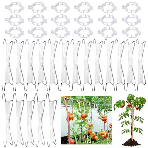 NYZQIW 18 Stück Tomatenhaken Metall, Tomatenhaken mit Schnur, mit 18 Pflanzenschnalle und 3m Seil, Garten Tomatenhaken, Tomaten Rankhilfe Schnur, für Hängende Tomaten und Gurken