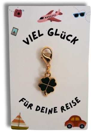 Milaboo® Kleeblatt Schlüsselanhänger mit Karte – Glücksbringer Geschenk für besondere Anlässe wie Prüfung, Reise, Einschulung, Operation, 12 Varianten, 55x85 mm (Reise)