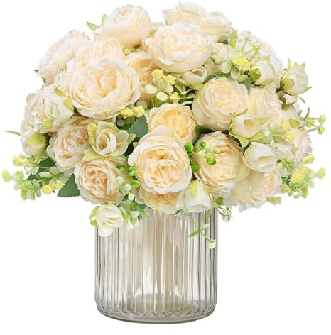 MisFun 3 Mazzi Peonie Artificiali, Peonie Finte Realistiche, Fiori Artificiali di Seta, Faux Bouquet di Peonies, per Decorazioni per il Partito, Tavolo da Pranzo, Decorazione di Nozze (Champagne)