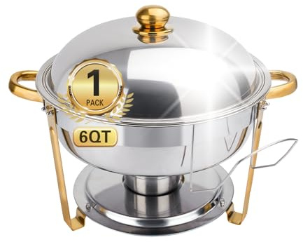 Beviliu Chafing Dish Buffet Set, 1 Pack 6.8 Litre Round Chafing Dishes & Food Warmers, Gold Chafing Dishe for Buffet, Stainless Steel Chafer for Catering Lid & Lid Holder, Food Warmers for Any Partie