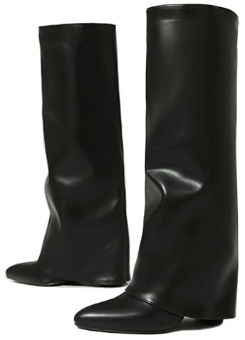 Ceciloroda Fold Over Stivali Knee High per Donne Alto Tacco Chunky Long Slouch Boots Wide Calf Dressy Party Appuntito Black Size 39