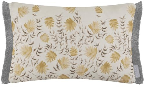 Voyage Maison Elai Feather Filled Cushion – Watercolour Floral Block Print Ruche Trim Boho Country Décor (Stone - 40x60cm)