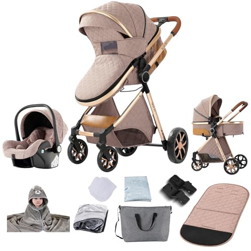 Reenborn Kinderwagen 3 in 1, Buggy mit Ein-Klick-Faltdesign, Kinderwagen mit Zwei Umkehrbaren Schiebemodi, Kombikinderwagen 3 in 1 Komplettset mit Rahmen Aluminiumlegierung (YV9 Khaki)