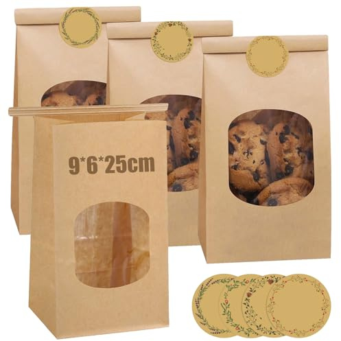 25 piccoli sacchetti per biscotti con finestra, sacchetti di carta marrone con clip di chiusura, sacchetti in carta kraft, sacchetti da forno, piccoli sacchetti per pane, carta per dolci, sacchetti