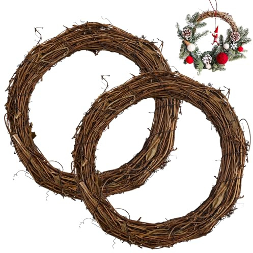 2 Stück Retro Weihnachtskranz, 30cm Natürliche Weinrebe Rattan Kränze, Rundes Natürlich Weihnachtskränzchen Set, DIY Rattan Kranz Girlande Hängende Dekoration für Urlaub Hochzeit Weihnachtsdeko (C)