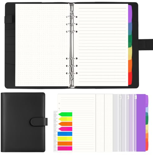 AKONEGE A5 Ringbuch, 6-Ring Ringbuch A5 nachfüllbar, mit 135 Blatt Nachfüllpapier, 3 Bindertaschen, 6 Registerkarten, Haftmarkern, Binder Planer-Organizer für Reisen, Arbeit und Schule, Schwarz